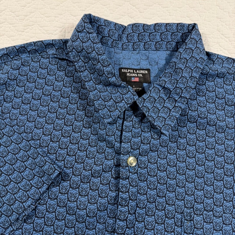 Ralph Lauren Jeans Co Owl Print Shirt Mens L Blue 100% Cotton Short Sleeve EUC